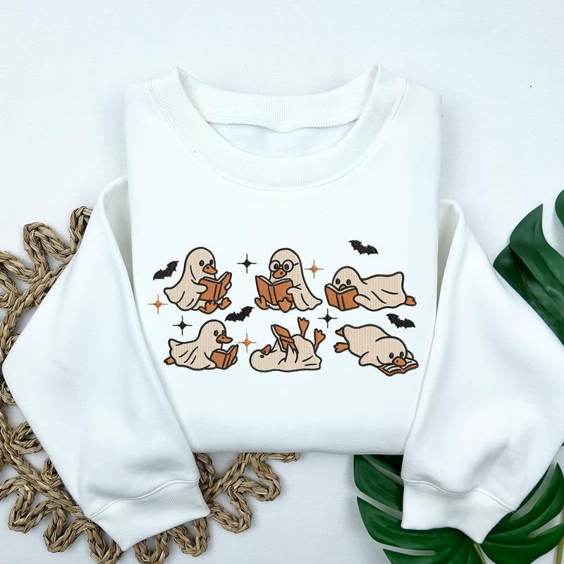 Cute Ghost Goose Reading Book Sweatshirt, Embroidered Halloween Sweatshirt, Fall Spooky Season Sweatshirt, Book Lover...