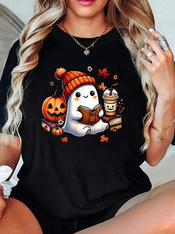 Cute Ghost Reading Book Lovers Halloween Ghost Coffee Women T-Shirt 100% Cotton, Breathable & Comfort Fit T Shirt, Short...