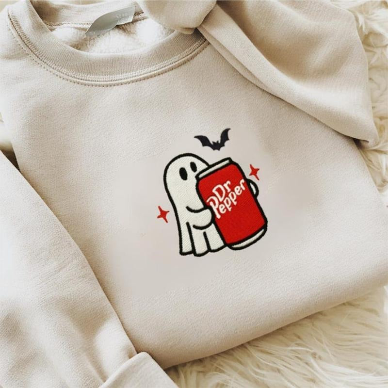 Cute Halloween Sweatshirt, Embroidered Soda Can Ghost Design, Fall Cozy Top for Women, Funny Casual Outfit, Spooky Season...