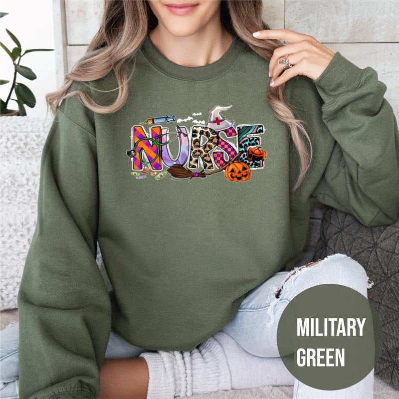 Cute Nurse Halloween Sweatshirt, Funny Nurse Halloween Sweater, Spooky Nurse Halloween Crewneck, Cozy Fall Halloween Gift...