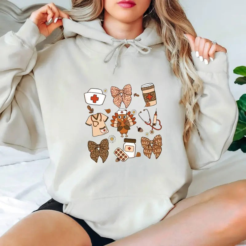 Cute Turkey Nurse with Medical Icons - Thanksgiving Nurse Hoodie - Sweaters, Tops retro hoodie T-Shirts, Sweatshirt
