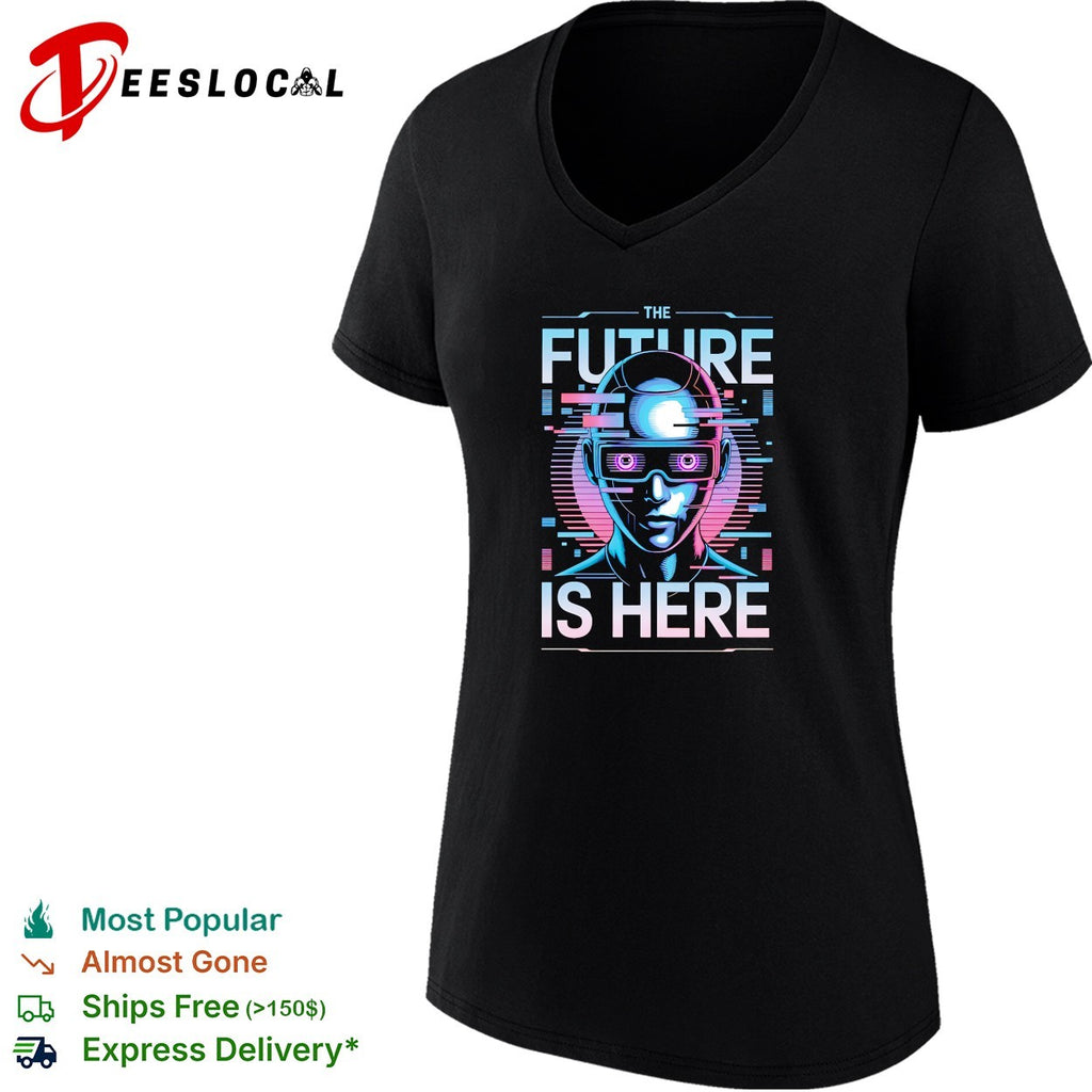 Cyberpunk android wearing VR goggles the future is here shirt