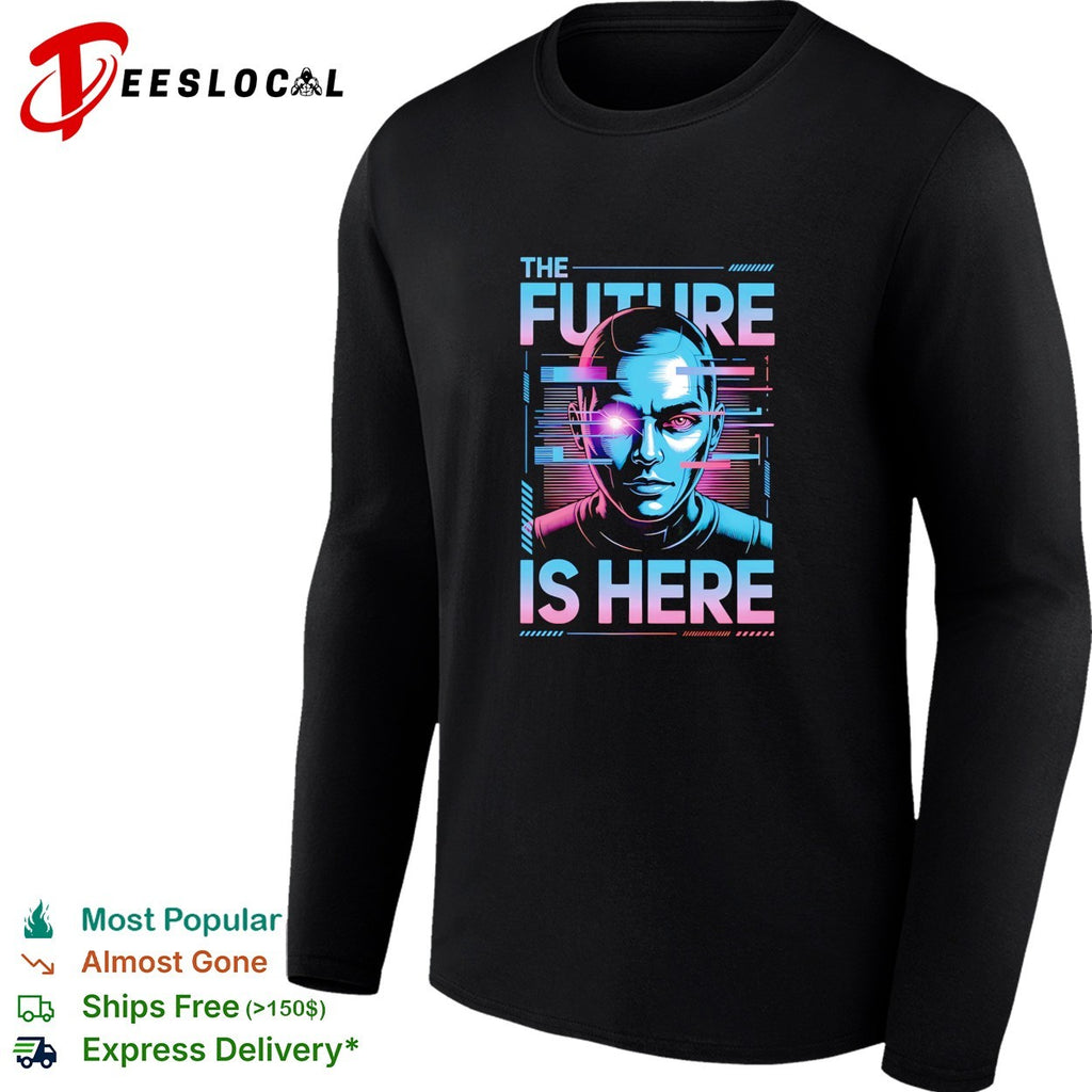 Cyborg glowing eye the future is here synthwave portrait shirt