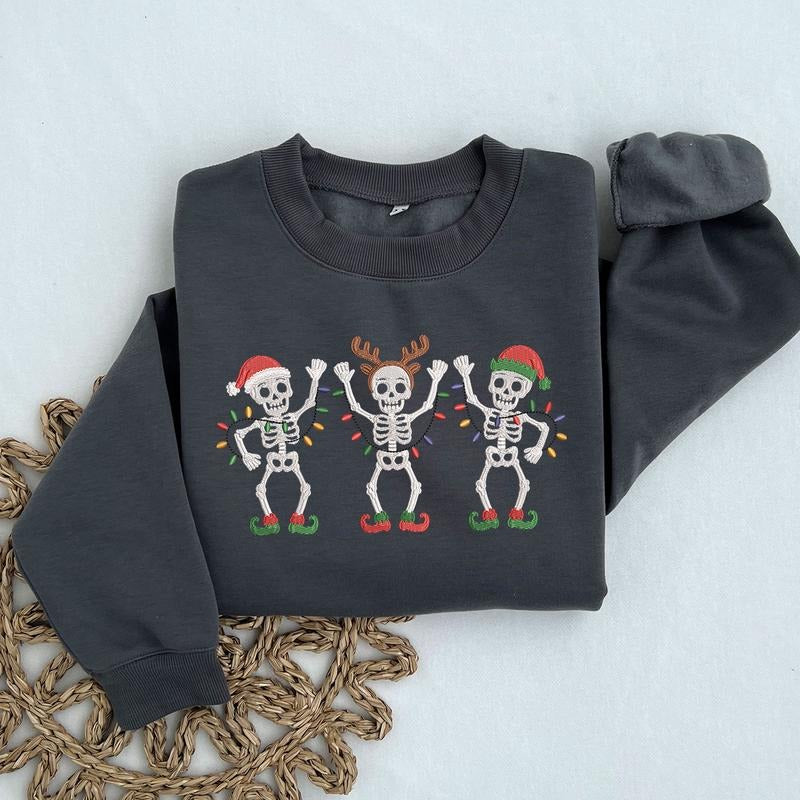 Dancing Skeleton Christmas Embroidered Sweatshirt: Funny Skeleton Holiday Lights Sweatshirt, Xmas Skeleton Party...