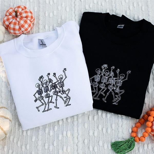 Dancing Skeletons Embroidered Crewneck Sweatshirt, Dancing Skeleton Sweatshirt,  Halloween Dancing Skeleton Crewneck,...