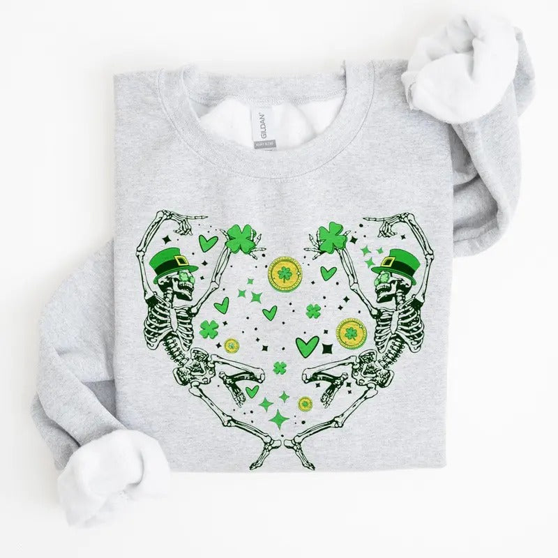 Dancing Skeletons, Irish, Lucky, St. Paddy's Day, Clover, Shamrock, Lucky Charm, St Patrick's Day Sweatshirt, Crew Neck,...