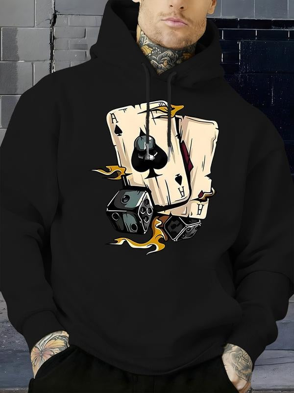 Dark Gambler Graphic Print Fleece Hoodie, Street Style Fall & Winter Pullover, Thick Fabric, Loose Fit, New Arrival...