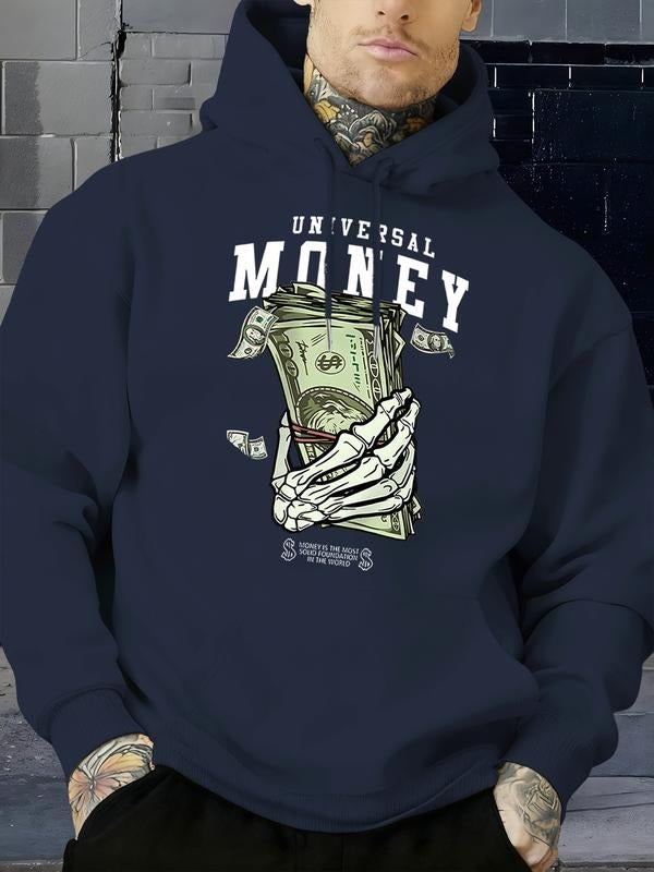 Dark Street Graphic Hoodie, Skull Hand Grab Dollar Print, Fleece Lined, Loose Fit, Fall & Winter Casual Wear, Men's...