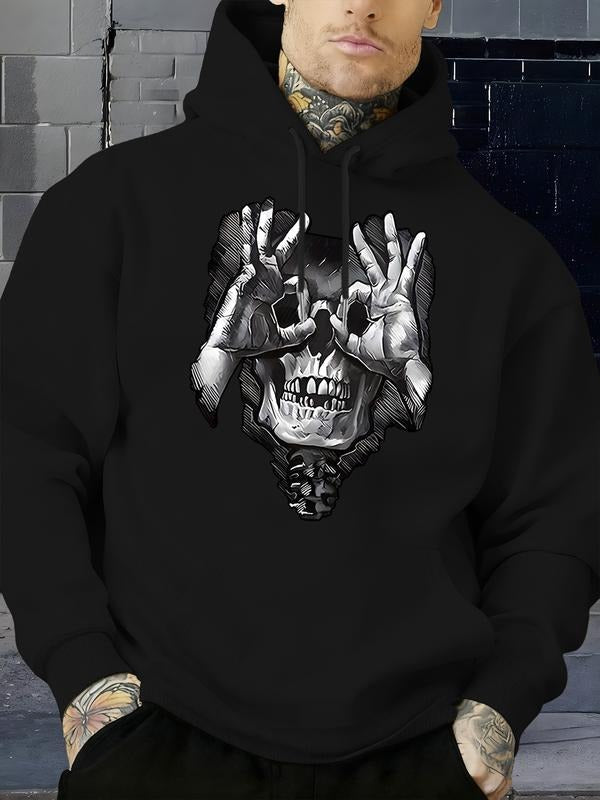 Dark Street Skull Hand Gesture Print Fleece Hoodie, New Spring Autumn Winter Loose Fit Pullover, Thick Fabric, Street...