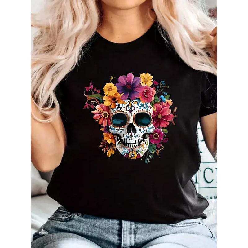 Day of the Dead Cotton T-shirt Women Black Background with Colorful Skull Print Casual Summer Wear Hoodie, Sweatshirt