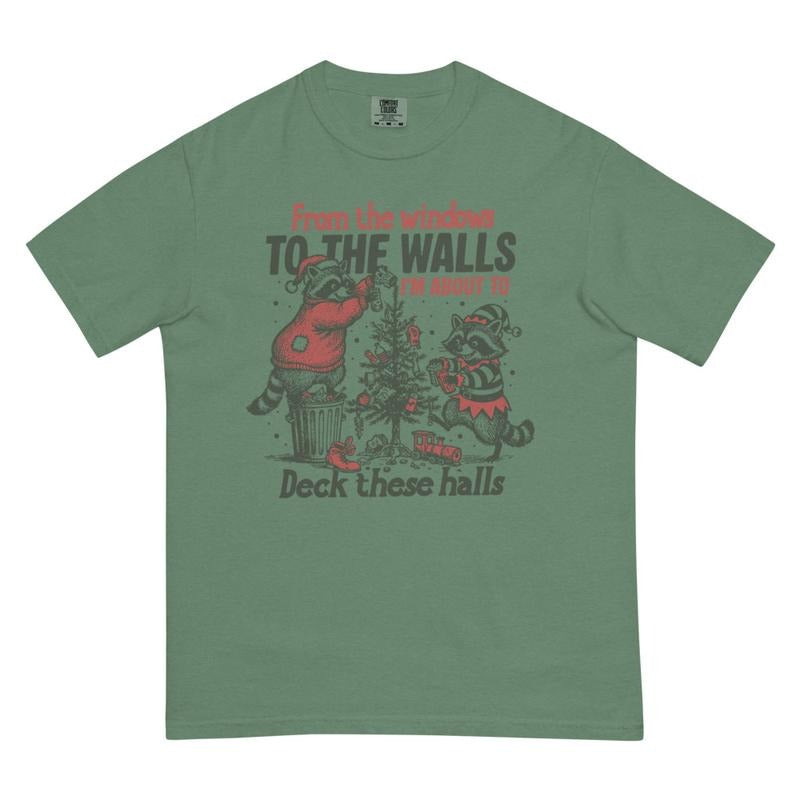 Deck These Halls Raccoon Christmas Tee | Funny Holiday Comfort Colors Shirt | Cozy Christmas Graphic Tee Hoodie, Sweatshirt