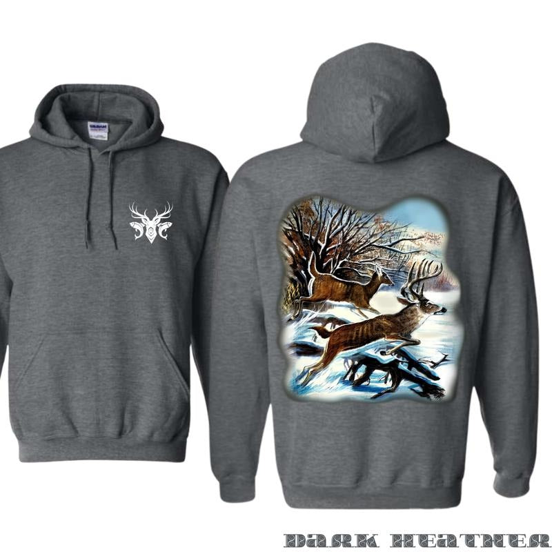Deer Hunting Hoodie - Winter Buck and Doe Scene with Snowy Forest and River, Perfect for Hunters and Outdoorsmen, Cozy...