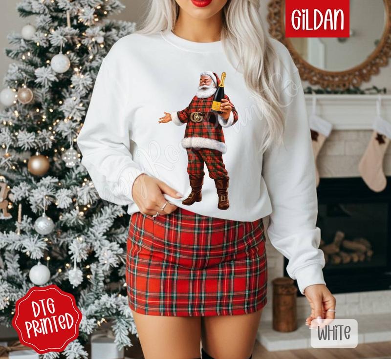 Designer Santa Sweatshirt, Trendy Women's Christmas Crewneck T-Shirts, Hoodie | PodTeesHub.com