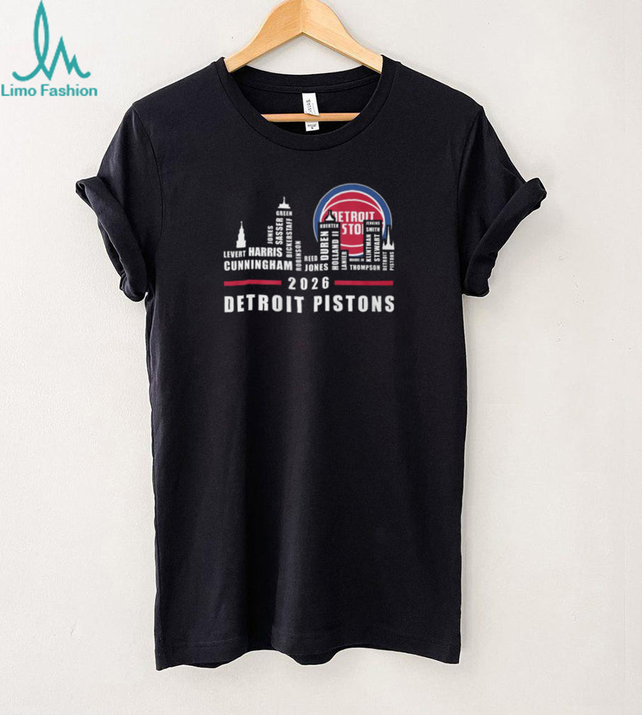 Detroit Pistons 2026 Basketball Team Players Names Skyline Logo Red Blue T Shirt