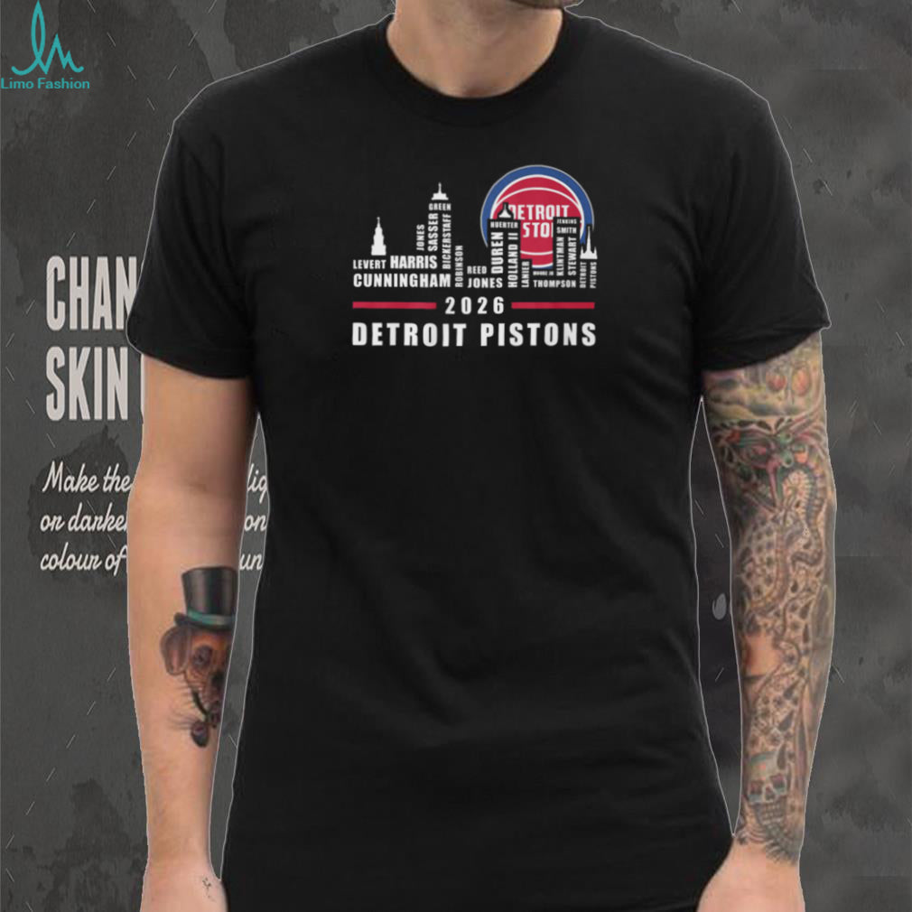 Detroit Pistons 2026 Basketball Team Players Names Skyline Logo Red Blue T Shirt