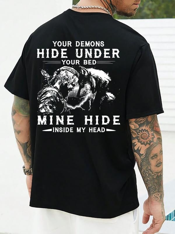 Devil Under Your Bed Graphic Print T-Shirt, Short Sleeve Trendy Casual Tee for All Seasons, Fitted Knit Fabric for Summer...