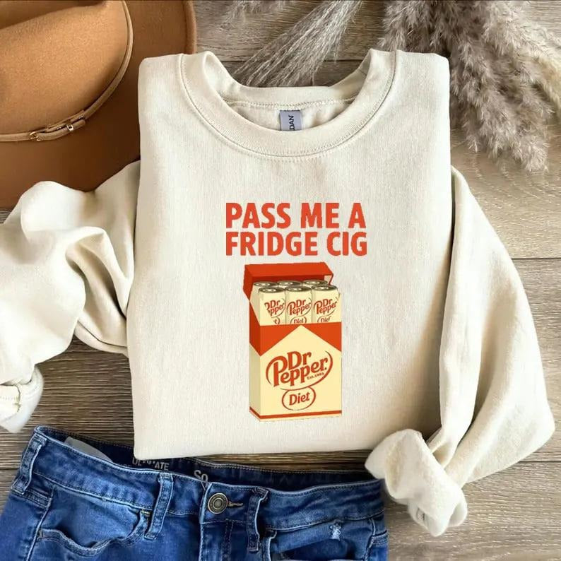 Diet Dr Pepper "Fridge Cig" funny sweatshirt, a playful tee featuring the Dr Pepper cig pack design, cozy comfort,...