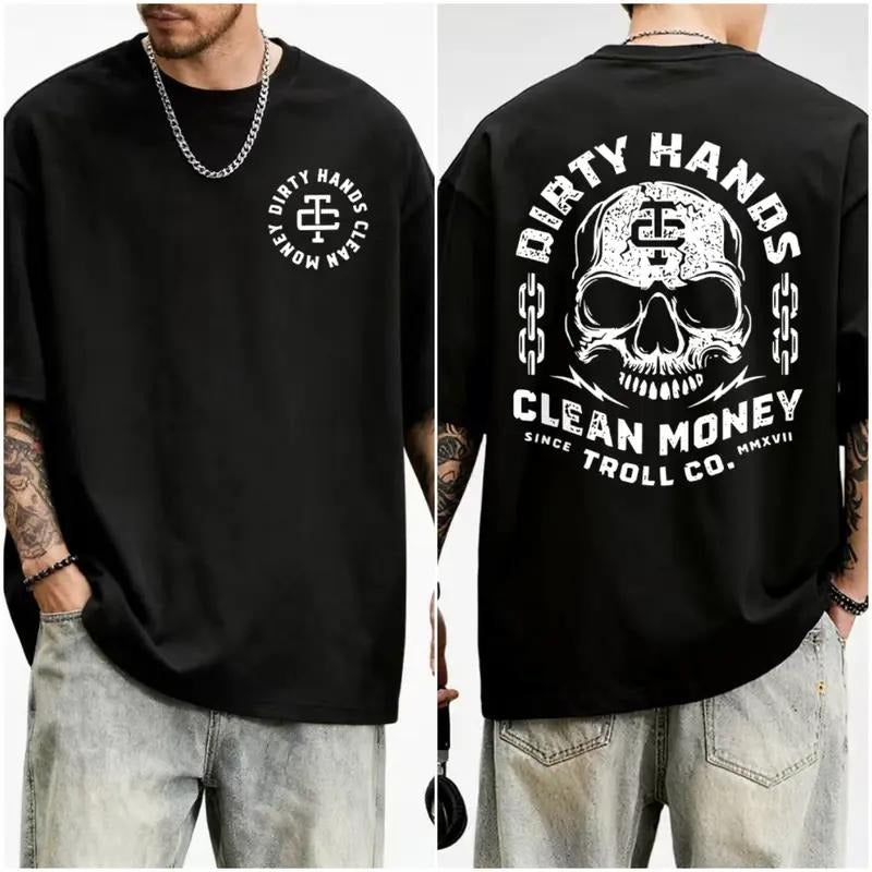 Dirty Hand Clean Money Golden Skull 2-Sided T-Shirt, Workwear Graphic Tee, Blue Collar Gifts, Men's Casual T-Shirt, For...