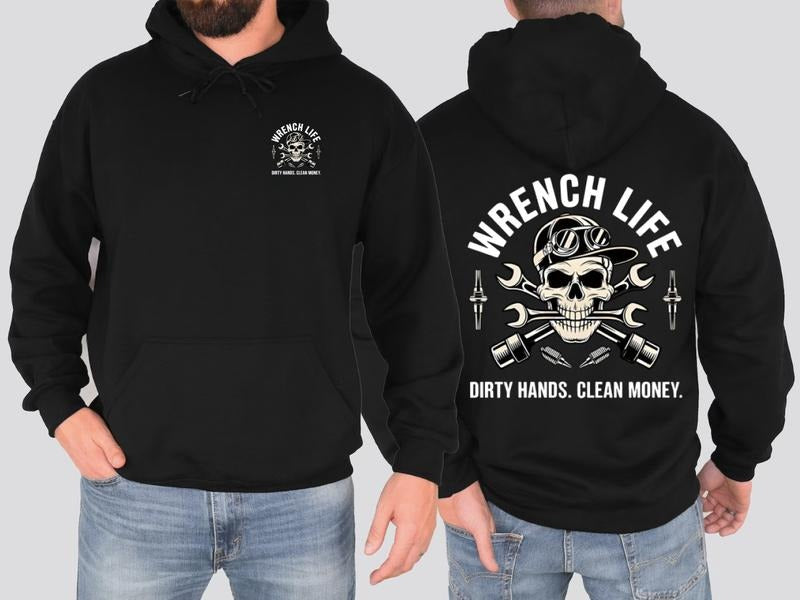 Dirty Hands Clean Money Hoodie - Unique Skull with Wrenches Graphic for Hardworking Mechanics - Casual Unisex Hoodie for...