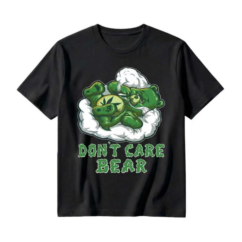 Don't Care Bear Funny Weed T-Shirt - Sarcastic Graphic Tee - Green Bear Relaxing on Cloud Cannabis Leaf Apparel - Retro...