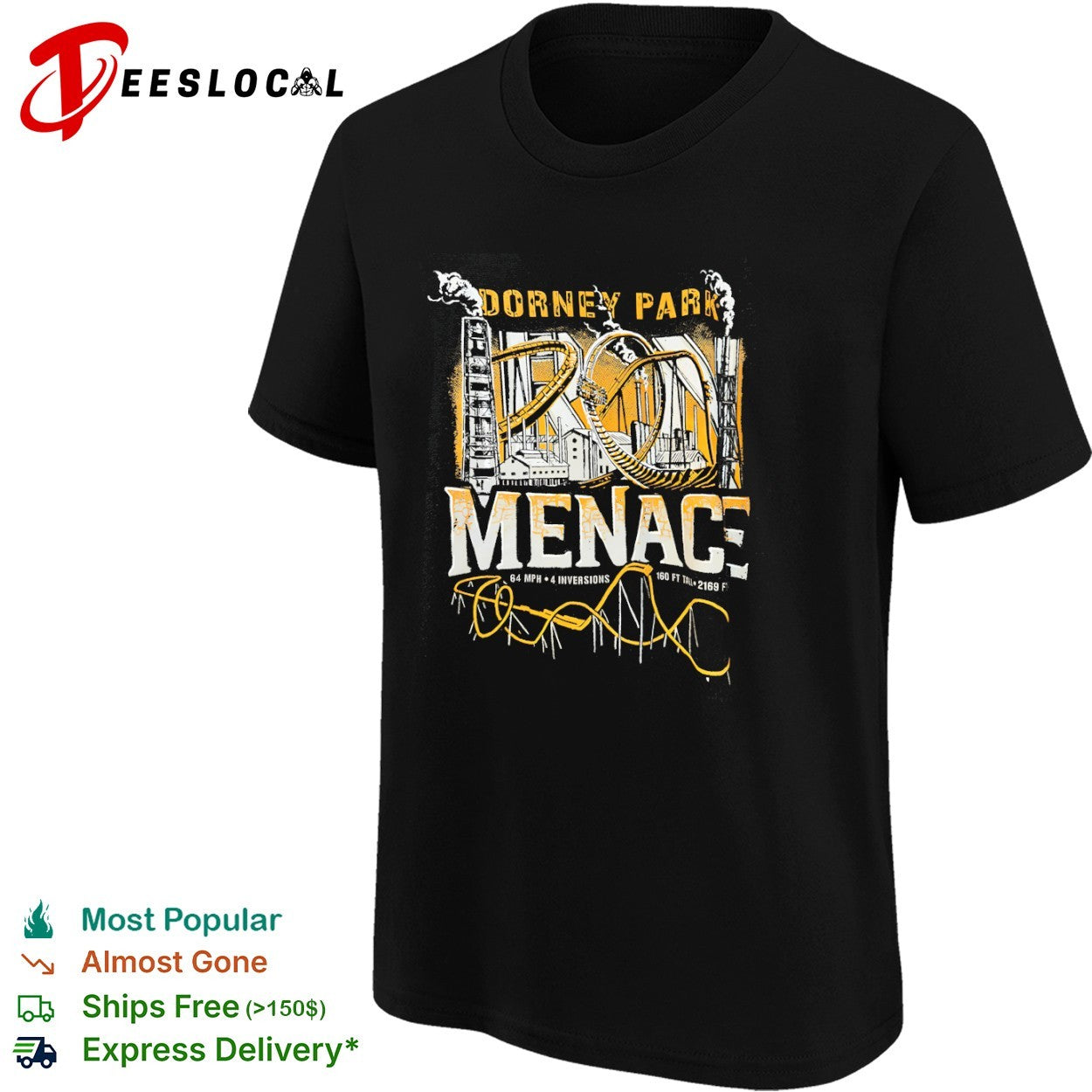Dorney Park Iron Menace 64 mph 4 inversions 160 ft tall 2169 ft shirt