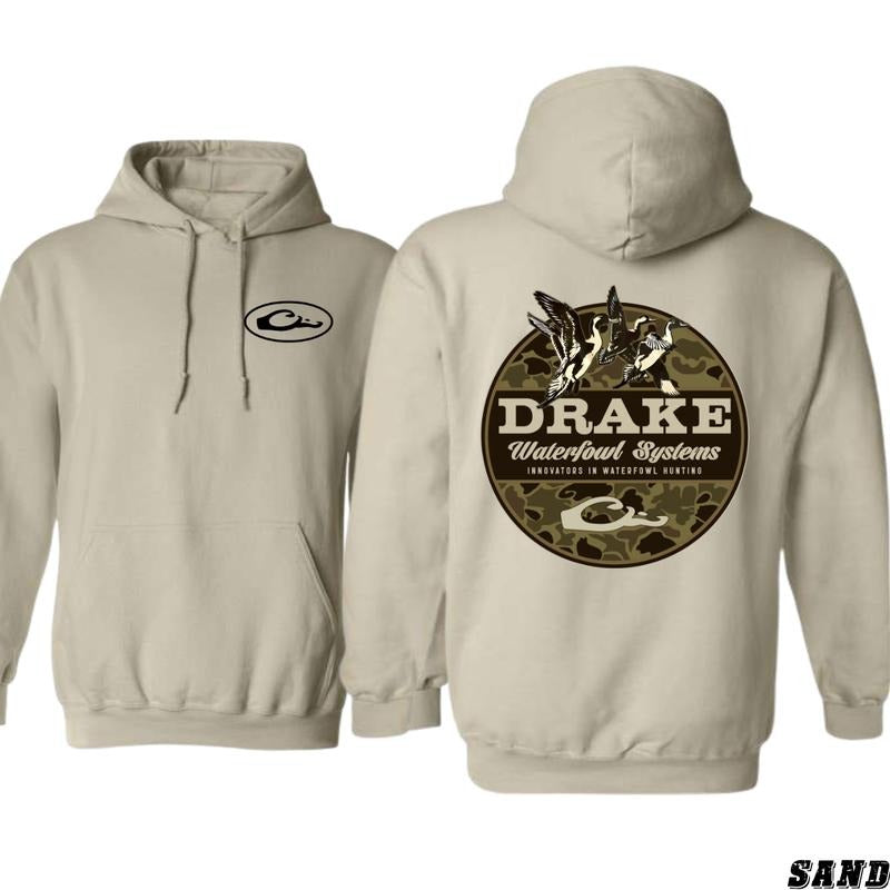 Drake Waterfowl Systems Hoodie - Bold Camo and Flying Ducks Graphic, camo country hoodies, Unisex Sweater for Waterfowl...