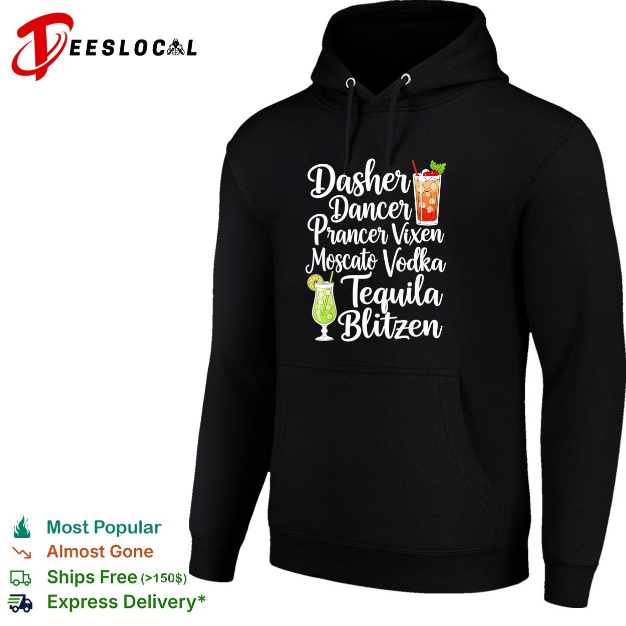 Drinks cocktail glass dasher dancer prancer vixen moscato vodka tequila blitzen shirt