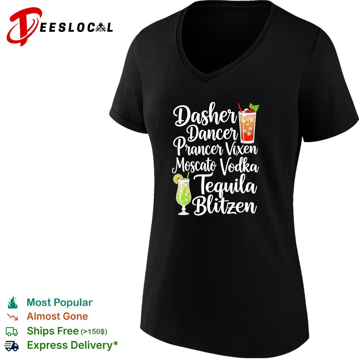 Drinks cocktail glass dasher dancer prancer vixen moscato vodka tequila blitzen shirt