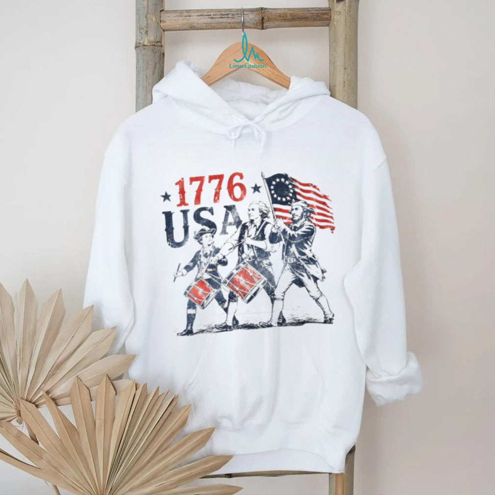 Drummers marching with American flag 1776 USA shirt