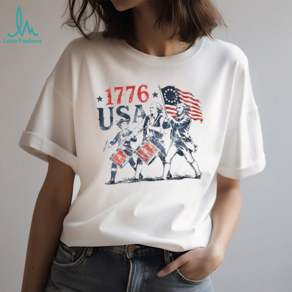 Drummers marching with American flag 1776 USA shirt