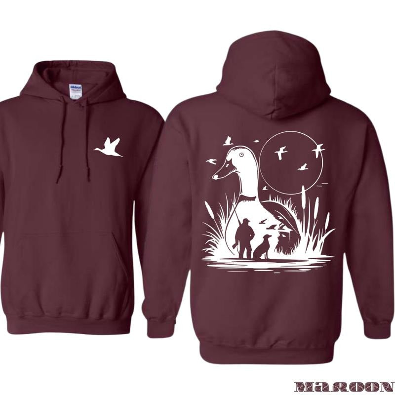 Duck Hunting Hoodie - White Silhouette Design with Dog and Hunter, Outdoor Waterfowl Hoodie for Duck Hunters, Country...