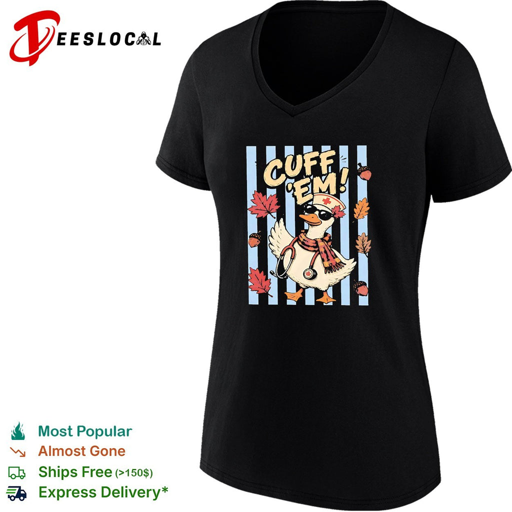 Duck wearing nurse hat and stethoscope cuff ’em maple leaves shirt