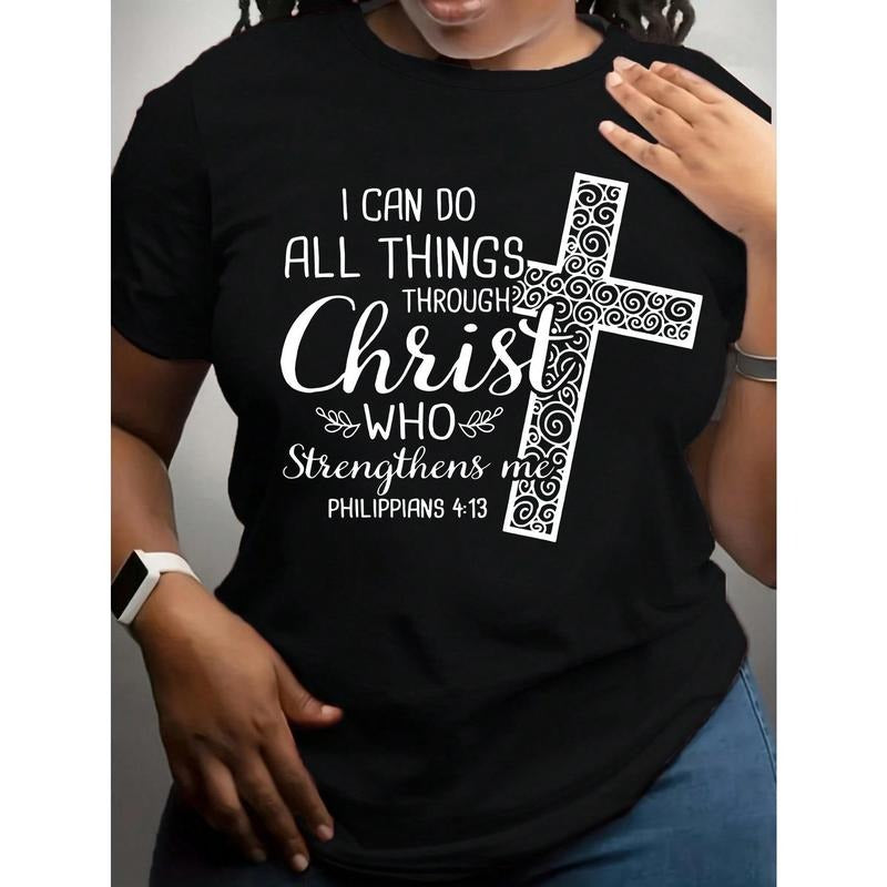 EMERY ROSE Plus Size Women's Tops Letter 'I CAN DO ALL THINGS ...' Cross Printed Short Sleeve Casual T-Shirt Faith...