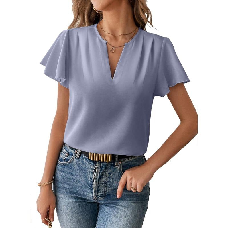 EVALESS T Shirt for Women Chiffon Casual Summer Tops V Neck Ruffle Short Sleeve Work Lightweight Shirts Blouses 2026...