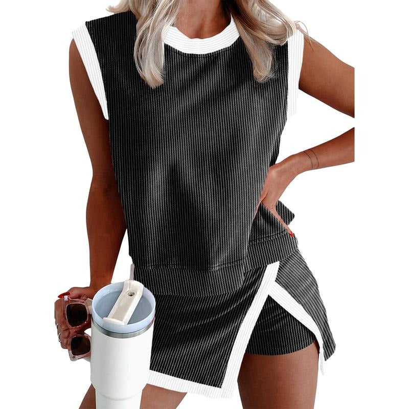 EVALESS Women's 2-Piece Sets Casual Crewneck Ribbed Sleeveless Knit Top & Split Lined Skirt Two Pieces Soft Matching Set...
