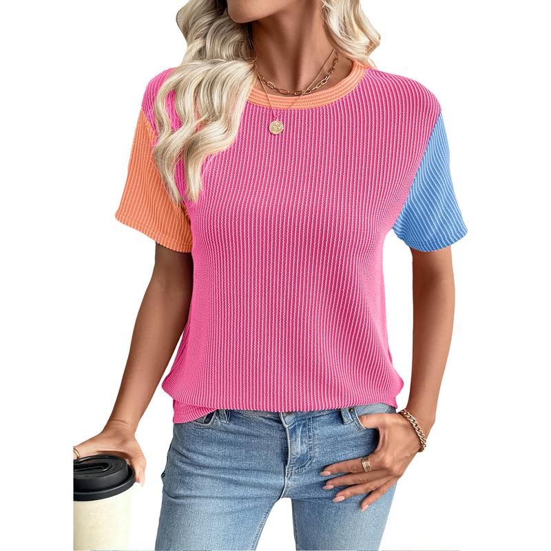EVALESS Women's Short Sleeve T Shirts Crewneck Ribbed Knit Multicolour Block Tee Blouses Tops 2026 Womenswear Trendy...