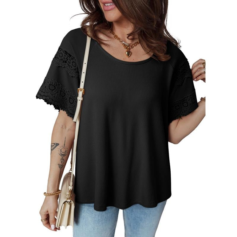 EVALESS Womens Lace T Shirts Tops Short Sleeve Crewneck Ribbed Loose Fitted Texture Chiffon Blouses Tops 2026 Womenswear...