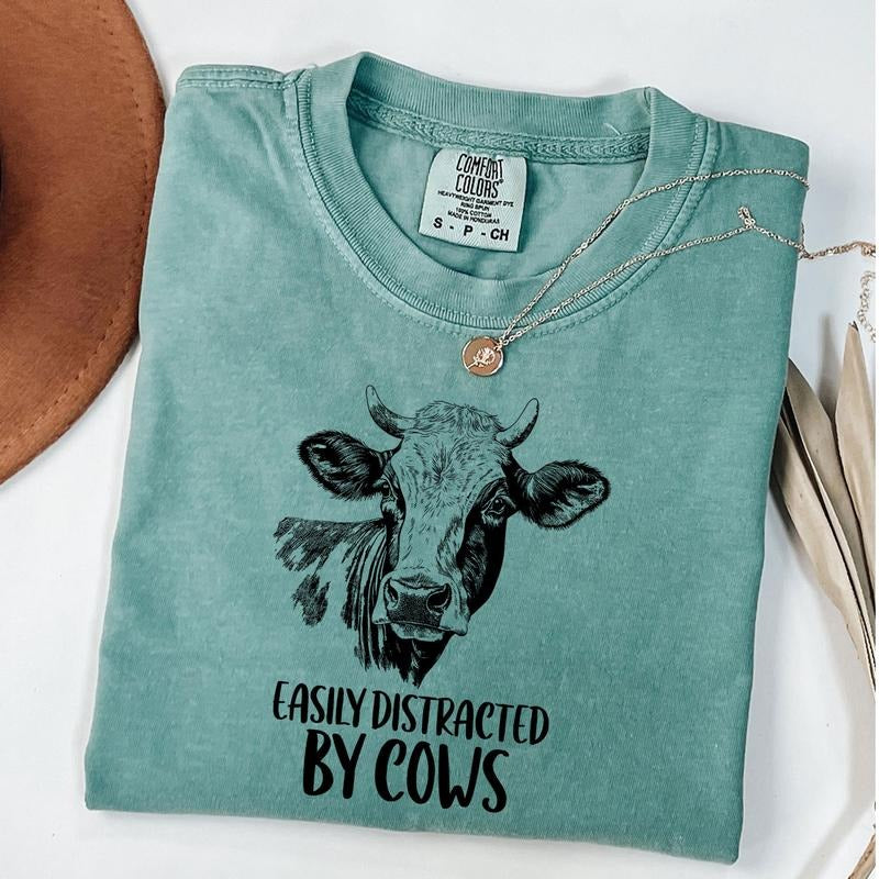 Easily Distracted By Cows Shirt, Women's Funny Country Shirt, Cowgirl T-Shirt, Humorous Saying Shirt, Farm Love Gifts...