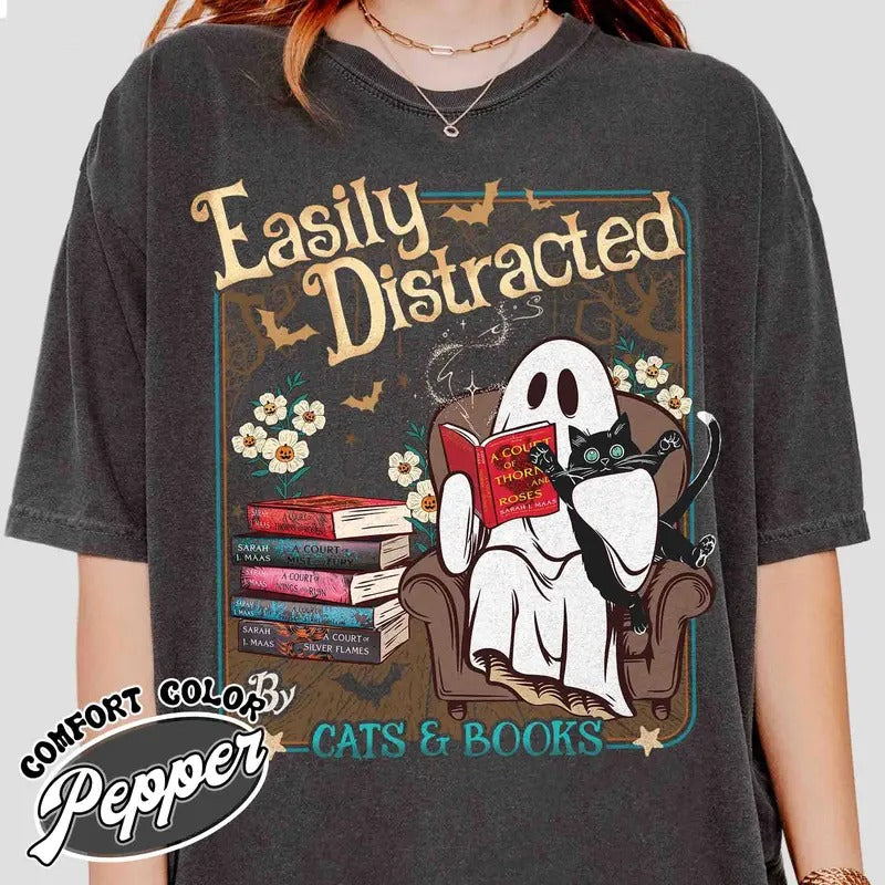 Easily Distracted Cats and Books Shirt, Books and Black Cats Shirt, Ghost Reading Books Shirt, Womenswear Comfort Cotton...