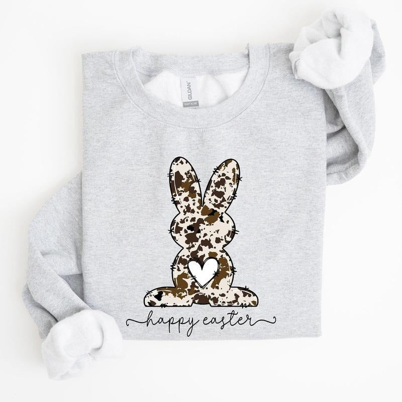 Easter Bunny, Happy Easter Rabbit, Cow Print Sweatshirt, Women's Crew Neck, Crewneck T-Shirts, Hoodie | PodTeesHub.com