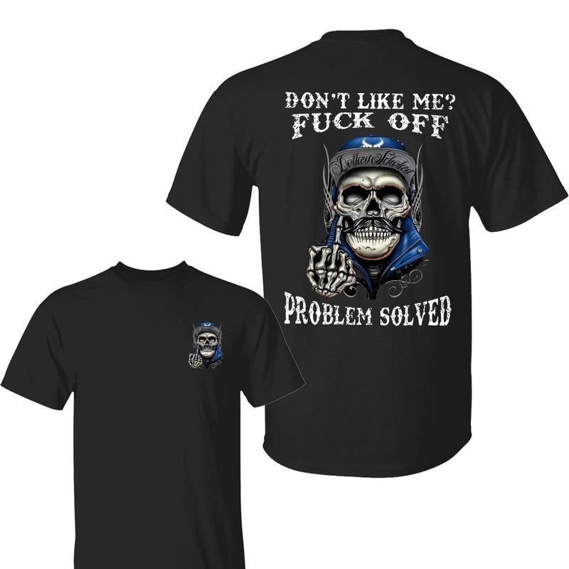 Edgy Attitude 2 Sided T-Shirt, Don't Like Me? Fk Off Problem Solved Skull Graphic, Cotton Casual Street Style Crew Neck...