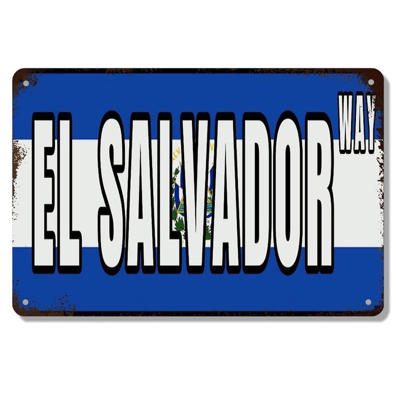 El Salvador Vintage Metal Wall Sign - 12x8 Inch Rustic Iron Decor with Country Flag Design, Distressed White Lettering &...