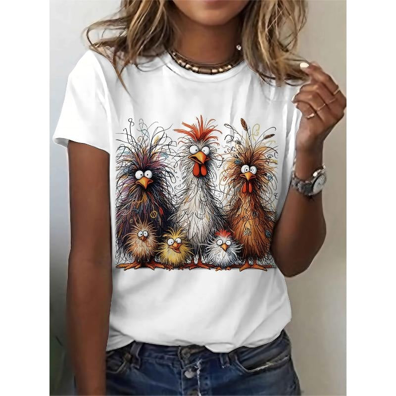 Elegant cartoon egg print crew neck t-shirt, polyester short sleeve crew neck top for women, casual summer gift Hoodie,...