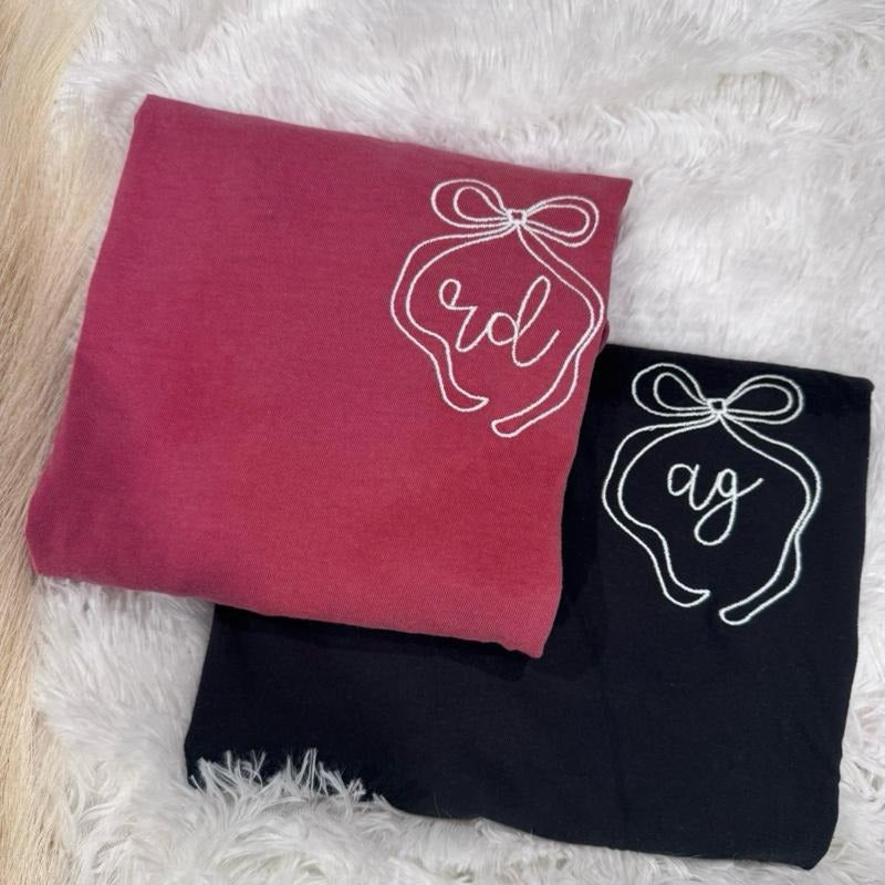 Embroidered Bow Monogram Tshirt, Custom Monogram Tshirt Hoodie, Sweatshirt | PodTeesHub.com
