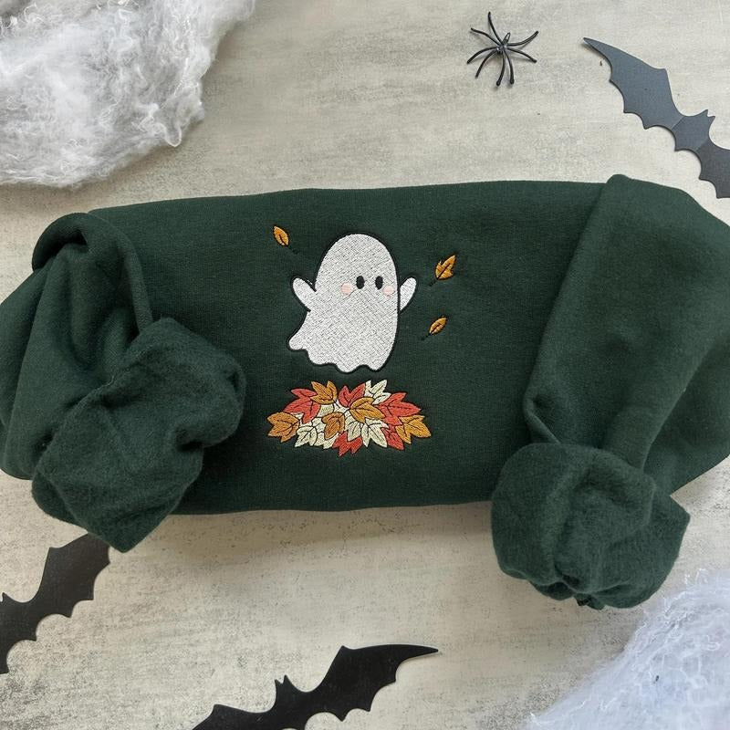 Embroidered Fall Ghost Sweatshirt, Autumn Cozy Season Sweatshirt, Pumpkin, Embroidered Mushroom Sweater, Halloween...