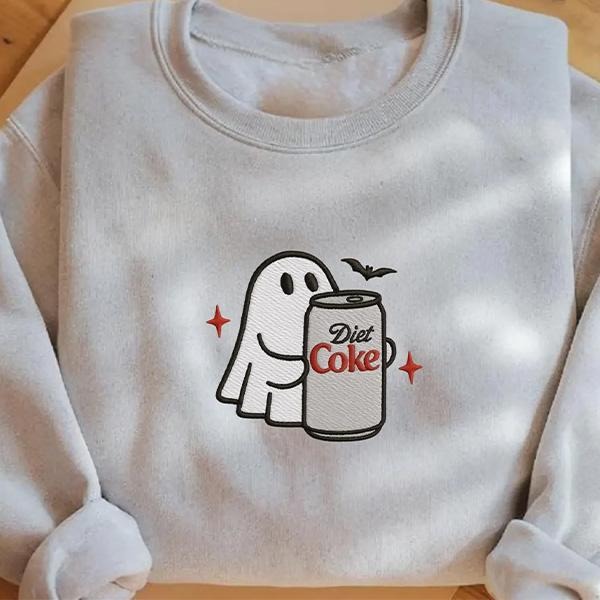 Embroidered Halloween Diet Coke Ghost Sweatshirt, Cute Diet Coke Ghost Sweater, Funny Ghost Diet Coke Embroidered...