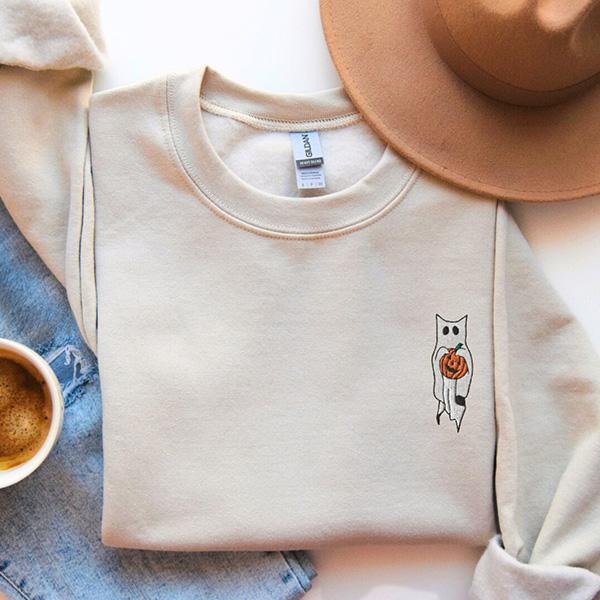 Embroidered Halloween Ghost Cat Sweatshirt, Embroidered Ghost Cat & Pumpkin Sweatshirt, Cute Fall Crewneck Sweatshirt for...