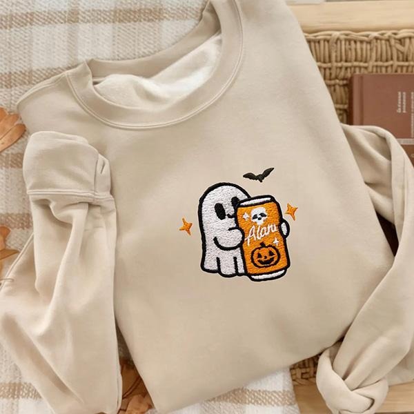 Embroidered Halloween Orange Alani Ghost Sweatshirt, Cute Alani Ghost Crewneck, Funny Embroidered Ghost Sweater T-Shirts,...