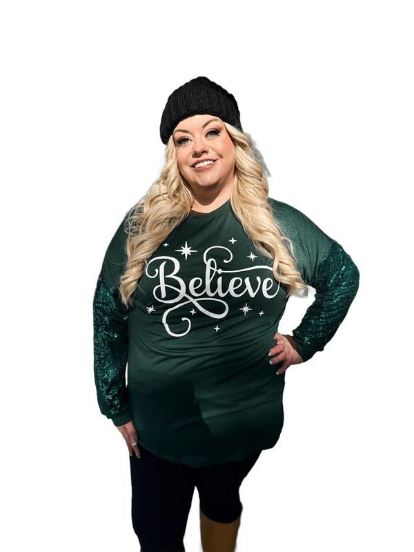 Emerald Believe Holiday Top With Sequin Sleeves T-Shirts, Hoodie, Sweatshirt | PodTeesHub.com