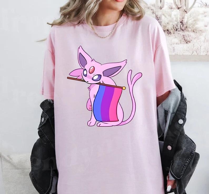 Espeon Bisexual Pride Flag Tee, Bi Pride Espeon Shirt, Espeon x Bi Flag LGBTQ+ T-Shirt, LGBT Shirt, Pride Month, Love Is...